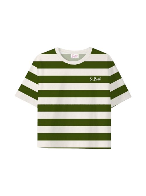 t-shirt donna rigata cropped militare e bianco